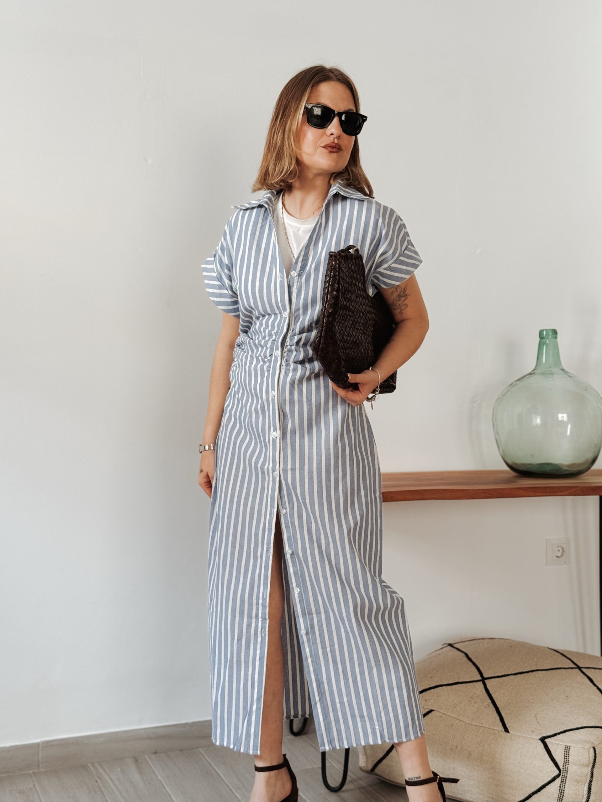 Vestido stripe lino celeste