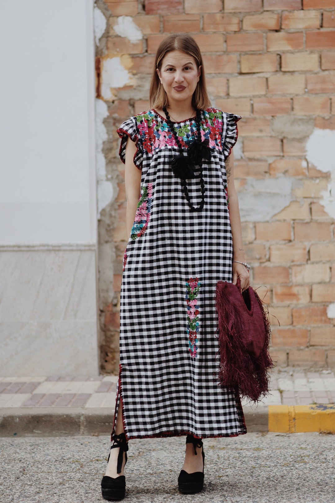Vestido kalami VICHY negro bordado